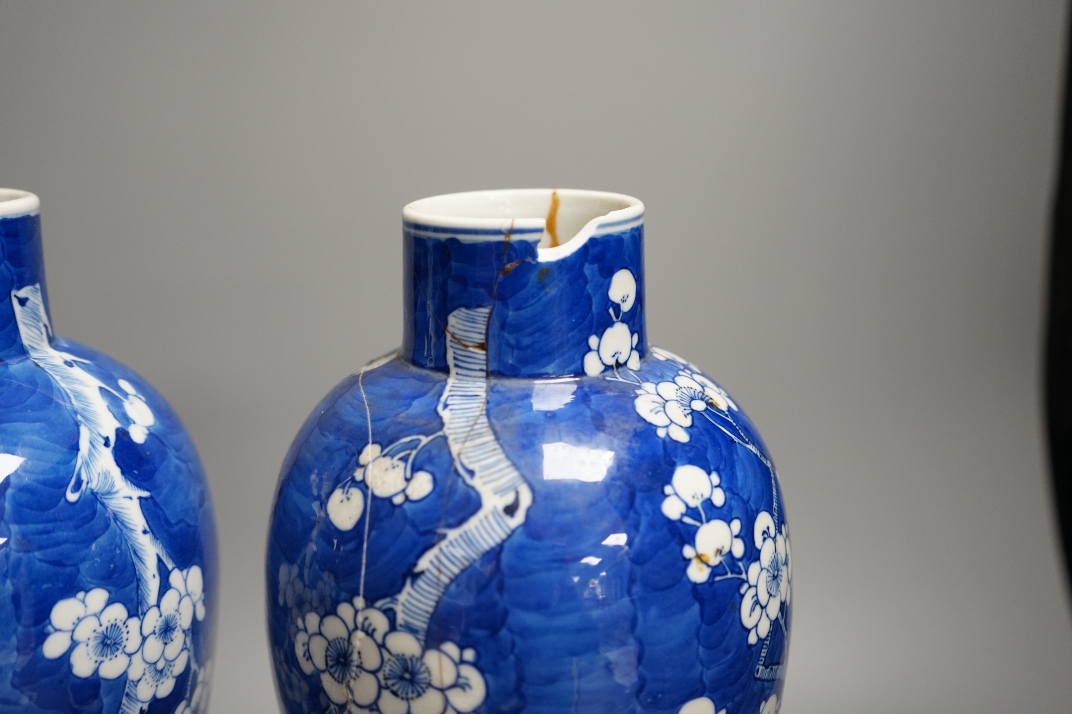 A pair of 19th century Chinese blue and white prunus vases, one a.f, 37cm